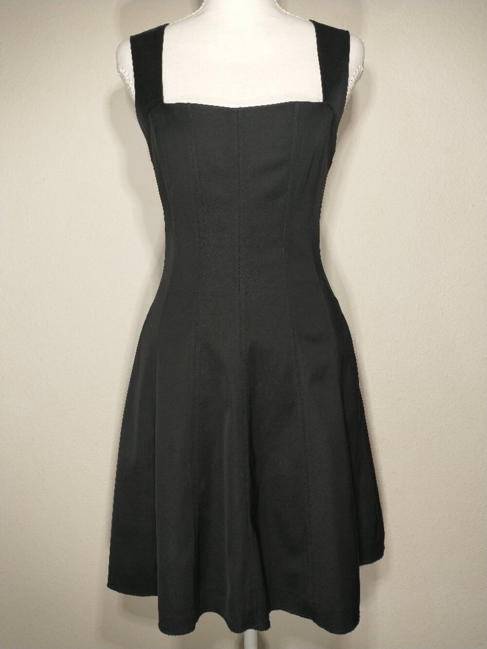 Rare bebe Black Corset Fit & Flare Dress XS Square Neck Hidden Pockets Skater